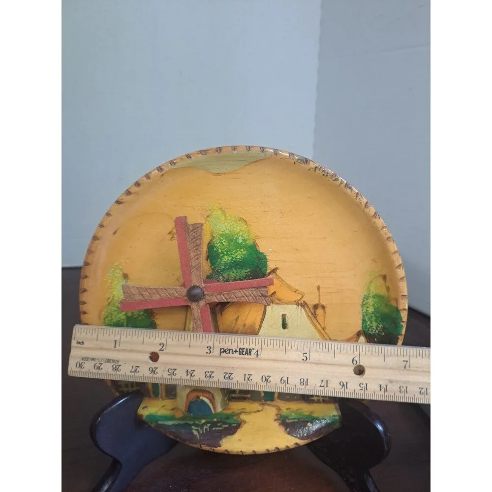 Vintage Hand Painted 3D Dutch Windmill With Spinning Blades Wooden 7in Plaque